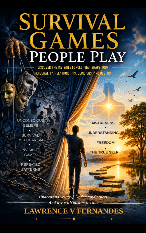Book cover: Survival Games: People Play by Lawrence V. Fernandes; left shows masked figures and chains, right shows a person stepping toward a bright dawn.